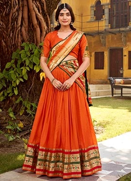 Orange Chanderi Nylon Zari Gota Lehenga