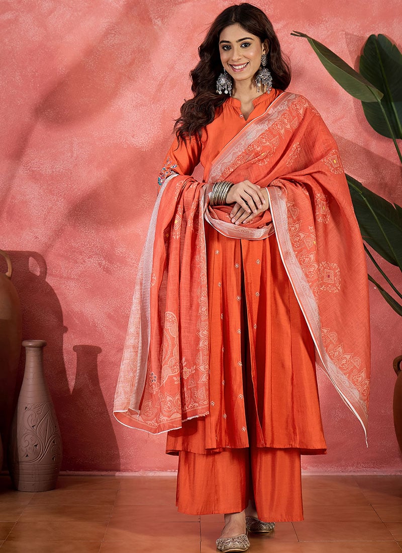 Orange Chanderi Silk Embroidered Printed Palazzo Suit After Six Wear