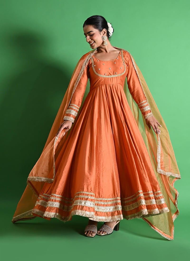 Orange Chanderi Zardosi Hand Work Anarkali Suit Festive Wear