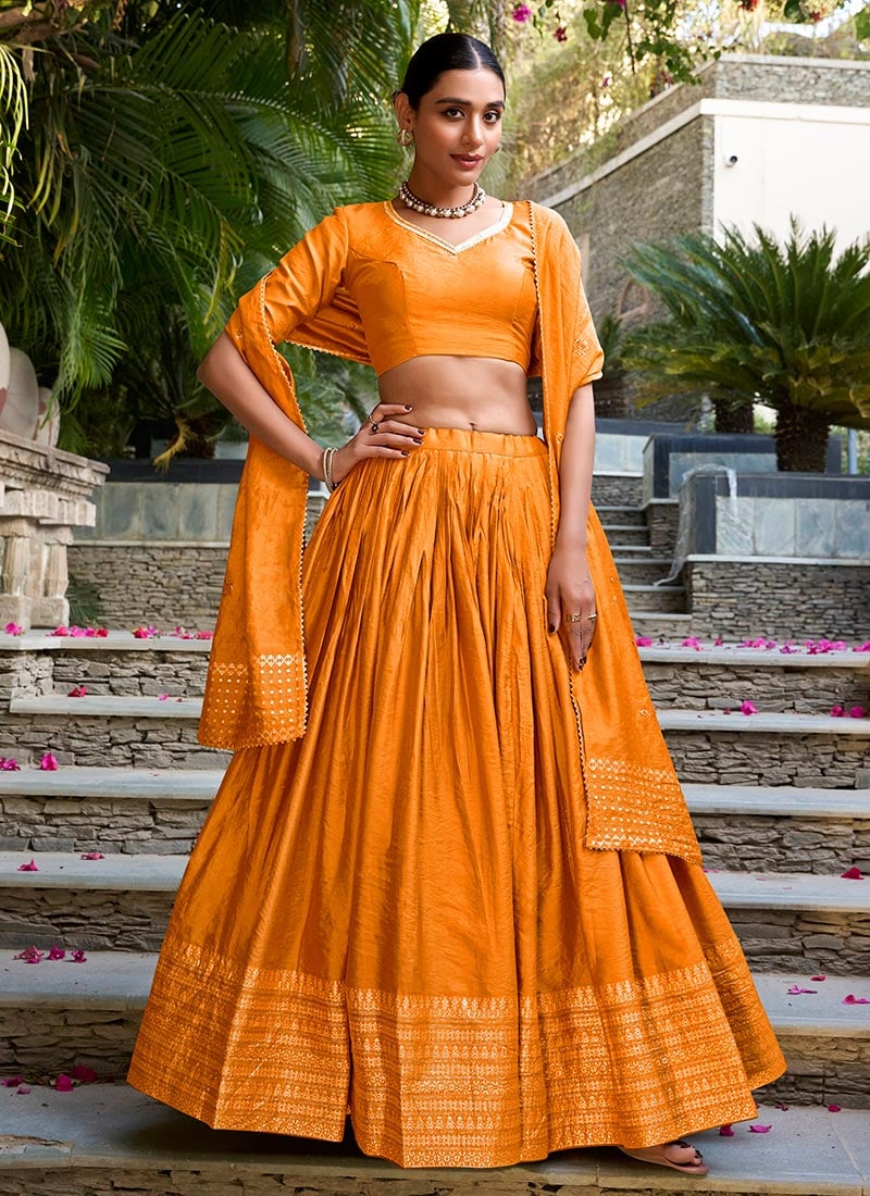 Orange Chanderi Zari Umbrella Lehenga Festive Wear