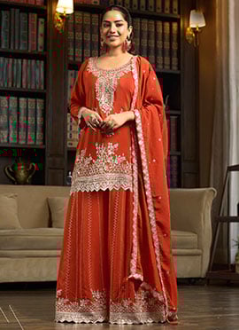 Orange Chiffon Embroidered Sequin With Stone Work Palazzo Suit