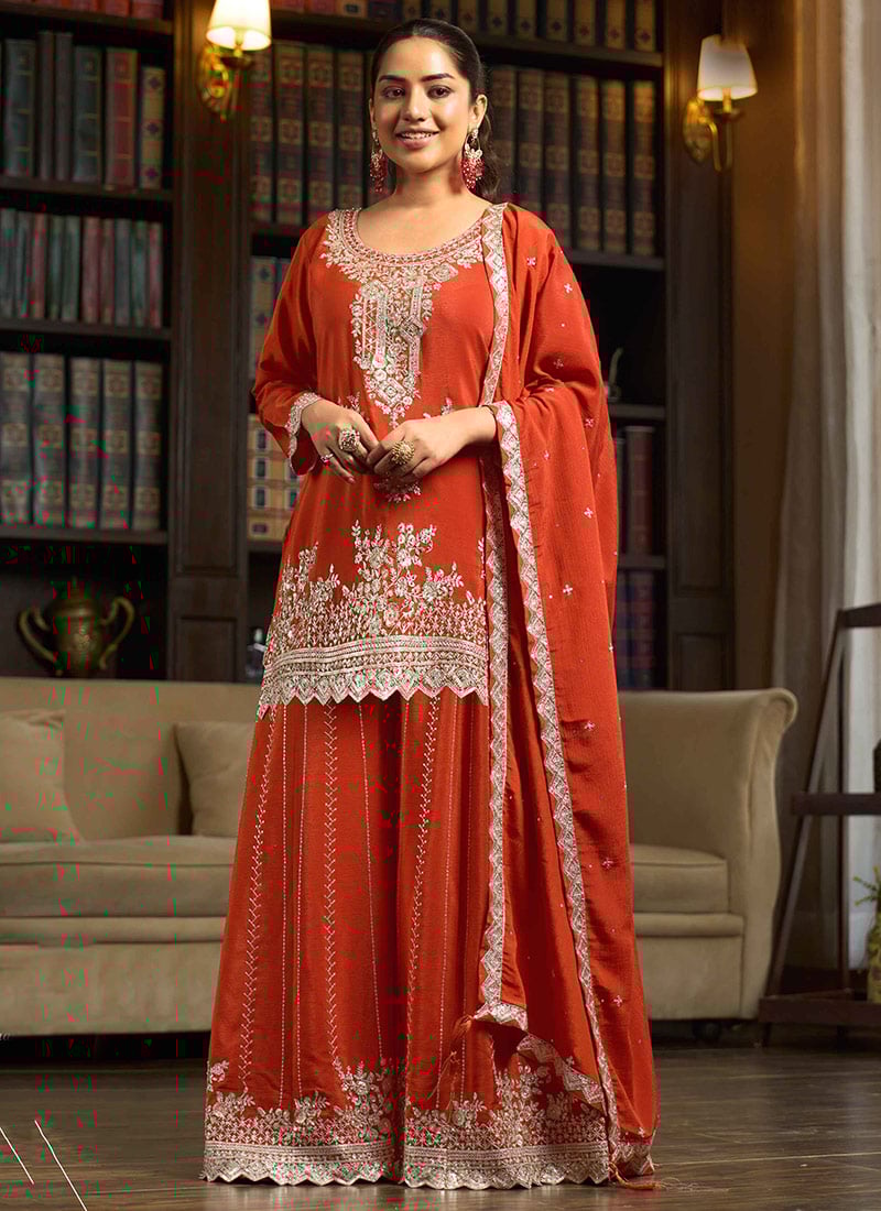 Orange Chiffon Embroidered Sequin With Stone Work Palazzo Suit Festive Wear
