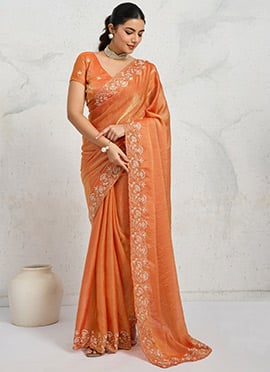 Orange Chiffon Velvet Zari Embroidered Sequins Thread Saree