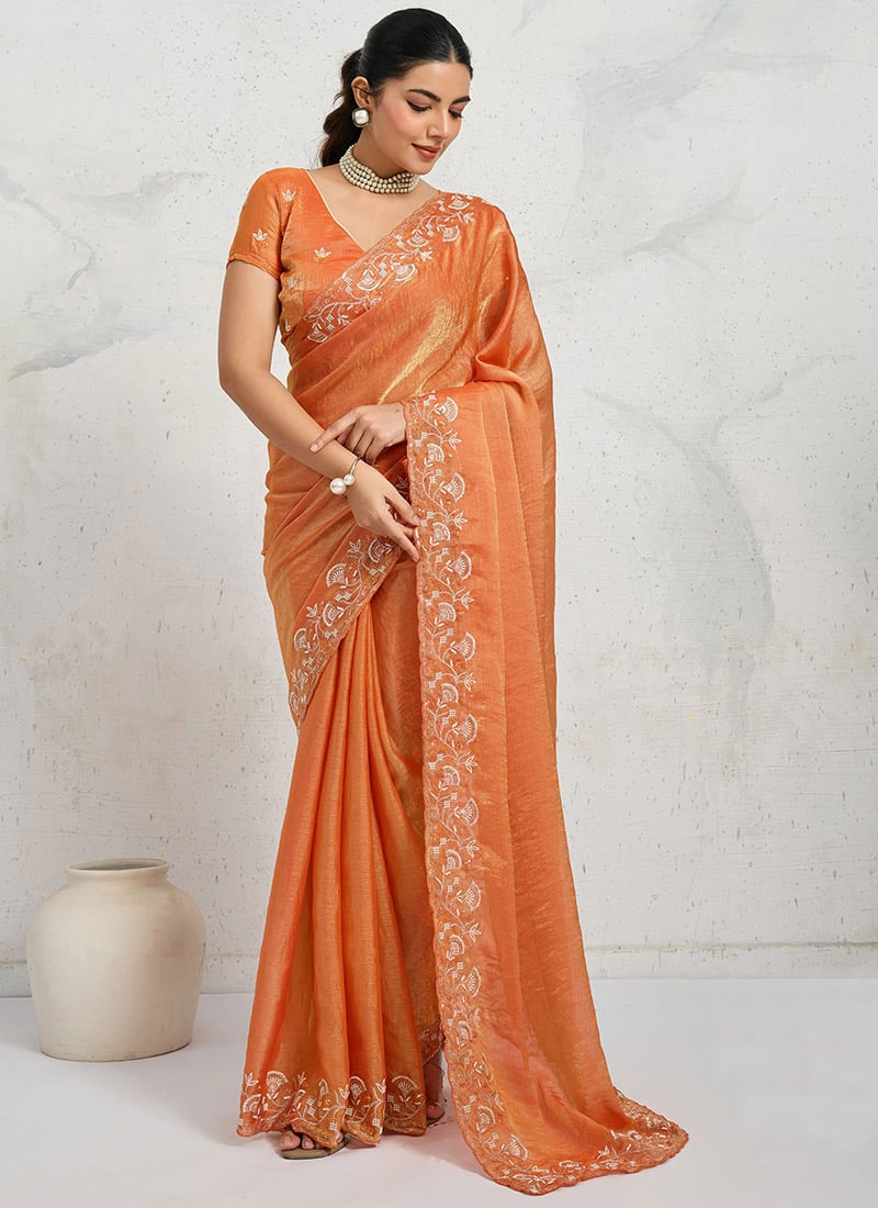 Orange Chiffon Velvet Zari Embroidered Sequins Thread Saree Festive Wear