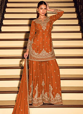 Orange Chinnon Silk Embroidered Sequins Palazzo Suit