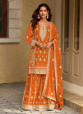 Orange Chinnon Silk Embroidered Sequins Palazzo Suit