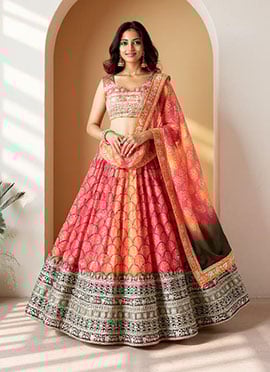Orange Chinon  Silk Bandhini Print Embroidered Sequins Lehenga
