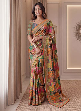 Orange Chinon Ajrak Mirror Work Saree
