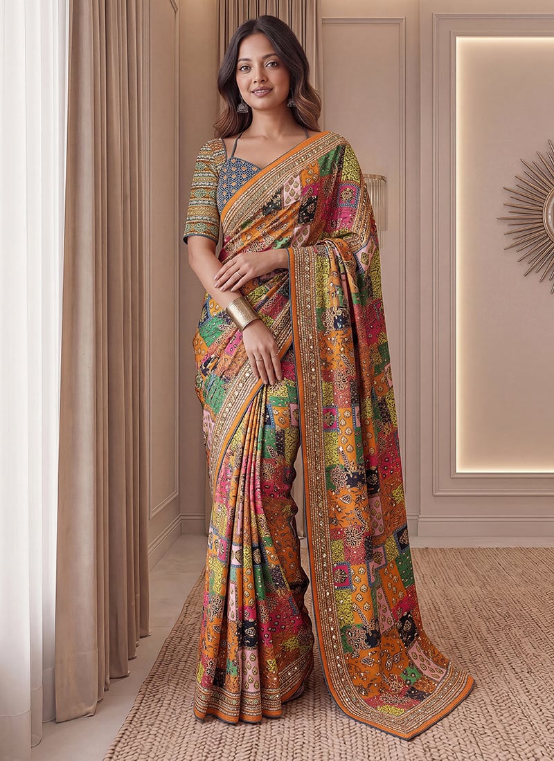 Orange Chinon Ajrak Mirror Work Saree Festive Wear