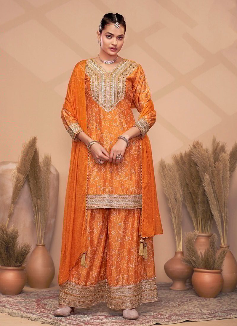 Orange Chinon Bandhini Print Embroidered Sequins Palazzo Suit Festive Wear