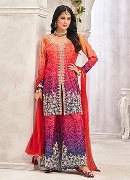 Orange Chinon Bandhani Print Embroidered Sequins With Stone Work Palazzo Suit