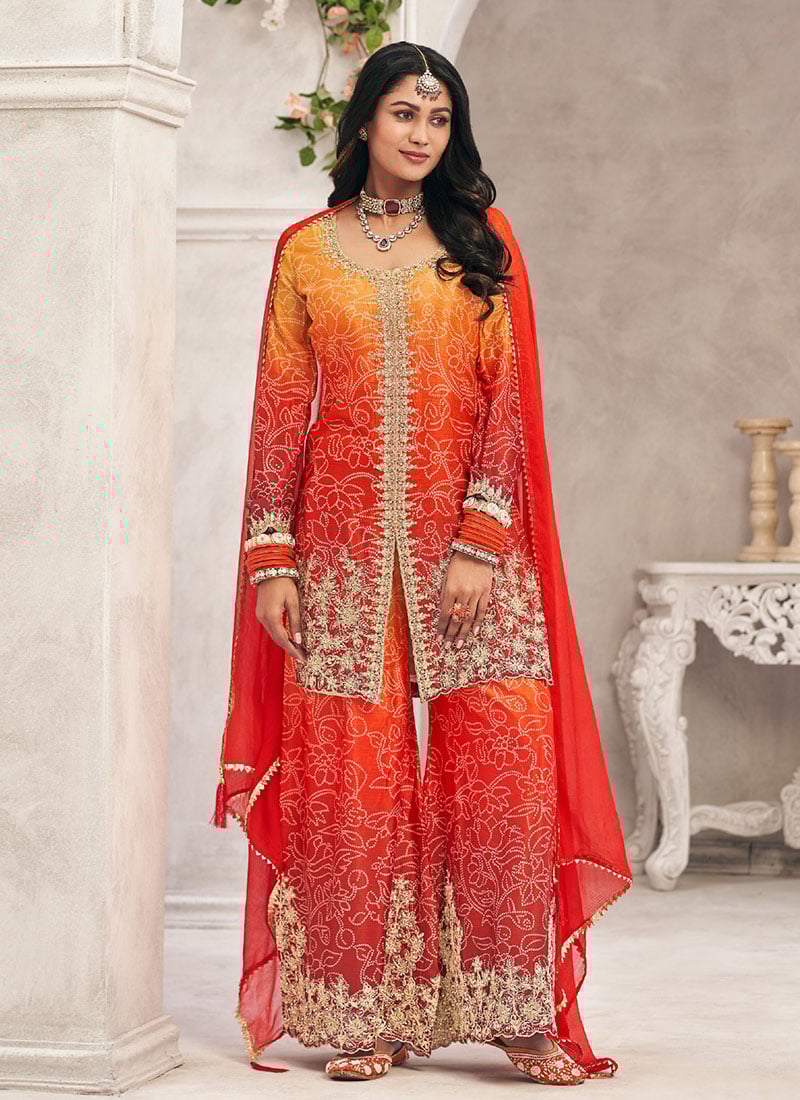 Orange Chinon Bandhani Print Embroidered Sequins With Stone Work Palazzo Suit Festive Wear