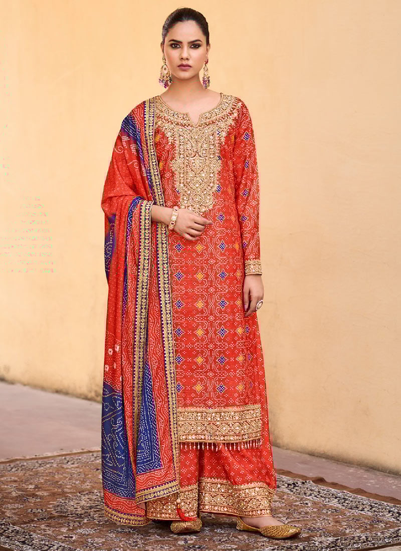 Orange Chinon Bandhini Print Embroidered Sequins Palazzo Suit Festive Wear