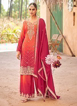 Orange Chinon Bandhini Print Embroidered Sequins Regal Palazzo Suit