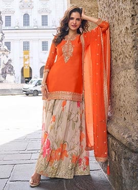 Orange Chinon Digital Print Palazzo Suit Festive Wear
