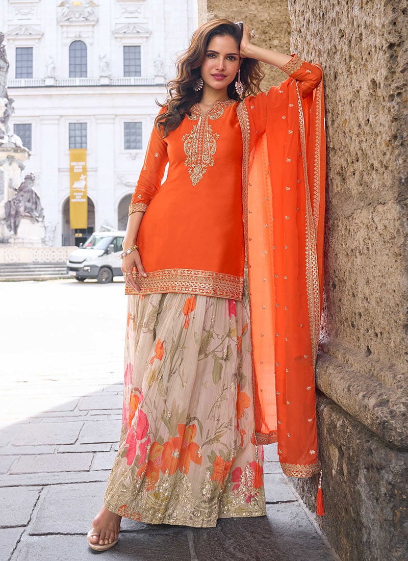 Orange Chinon Digital Print Palazzo Suit