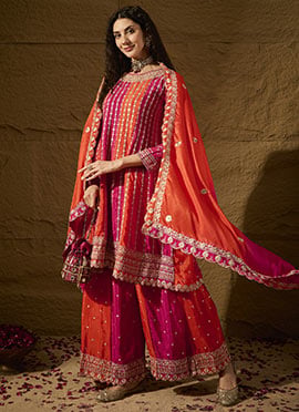 Orange Chinon Embroidered Pakistani Palazzo Suit