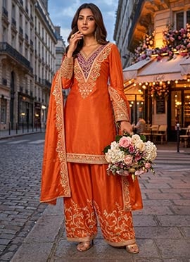 Orange Chinon Embroidered Palazzo Suit