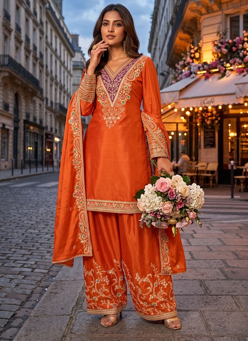 Orange Chinon Embroidered Palazzo Suit Festive Wear