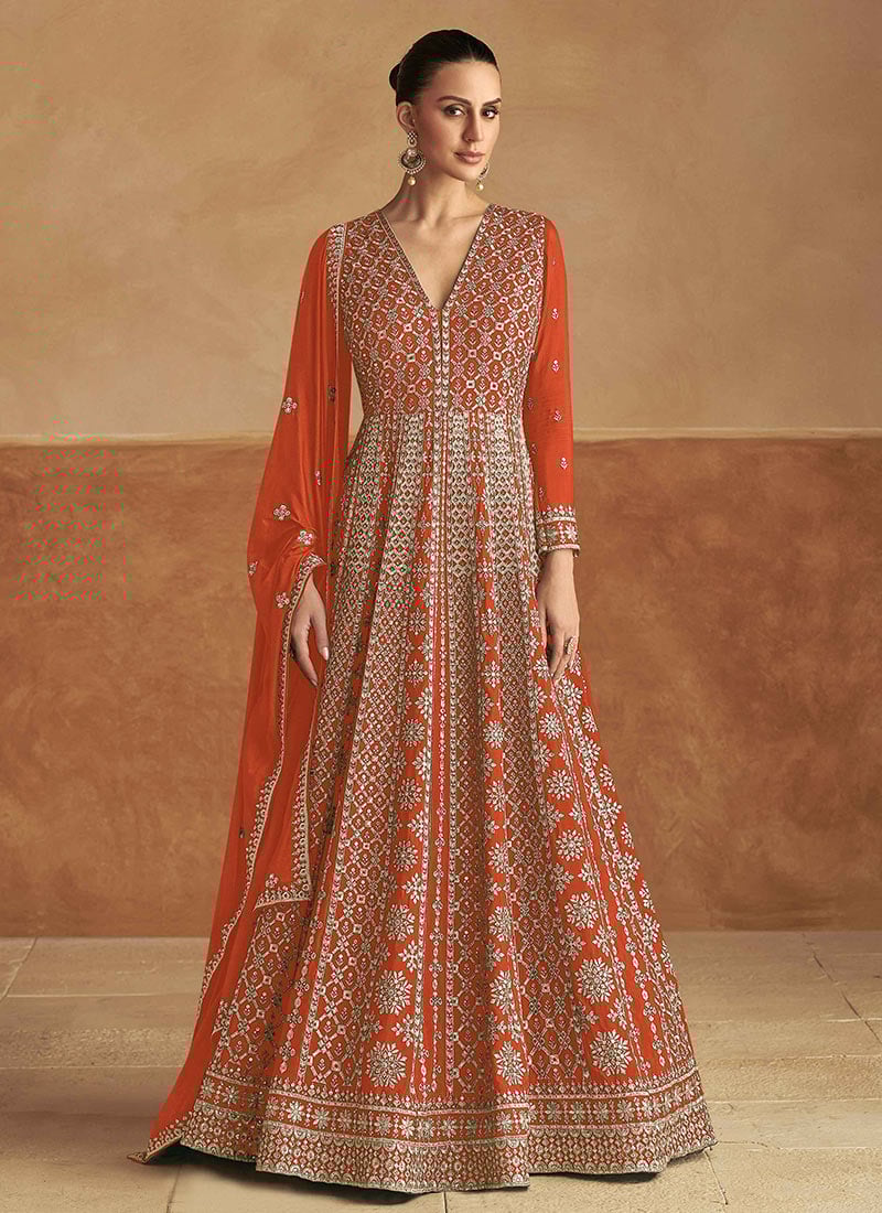 Orange Chinon Embroidered Sequins A Line Anarkali Suit Wedding Wear