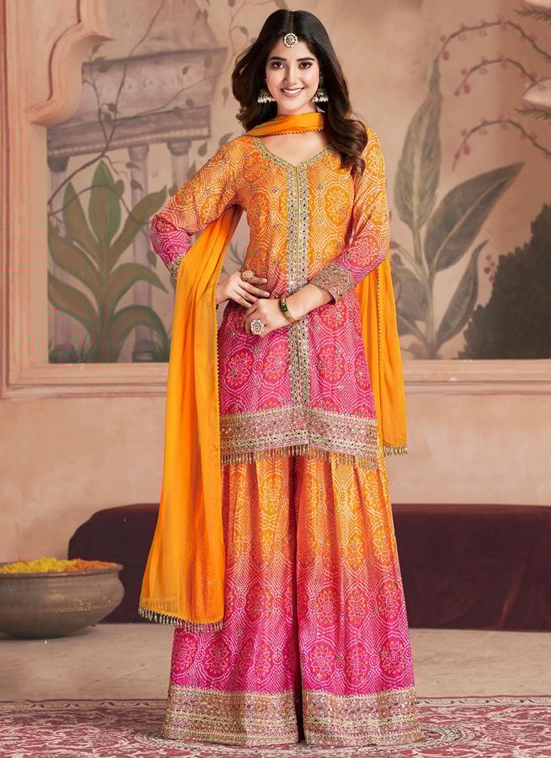 Orange Chinon Embroidered Sequins Bandhini Print Palazzo Suit Festive Wear