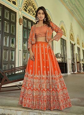 Orange Chinon Embroidered Sequins Jacket Lehenga