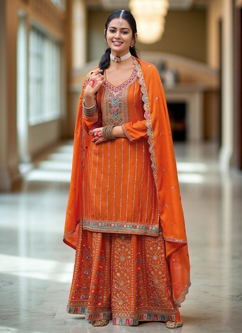Orange Chinon Embroidered Sequins Pakistani Suit Festive Wear