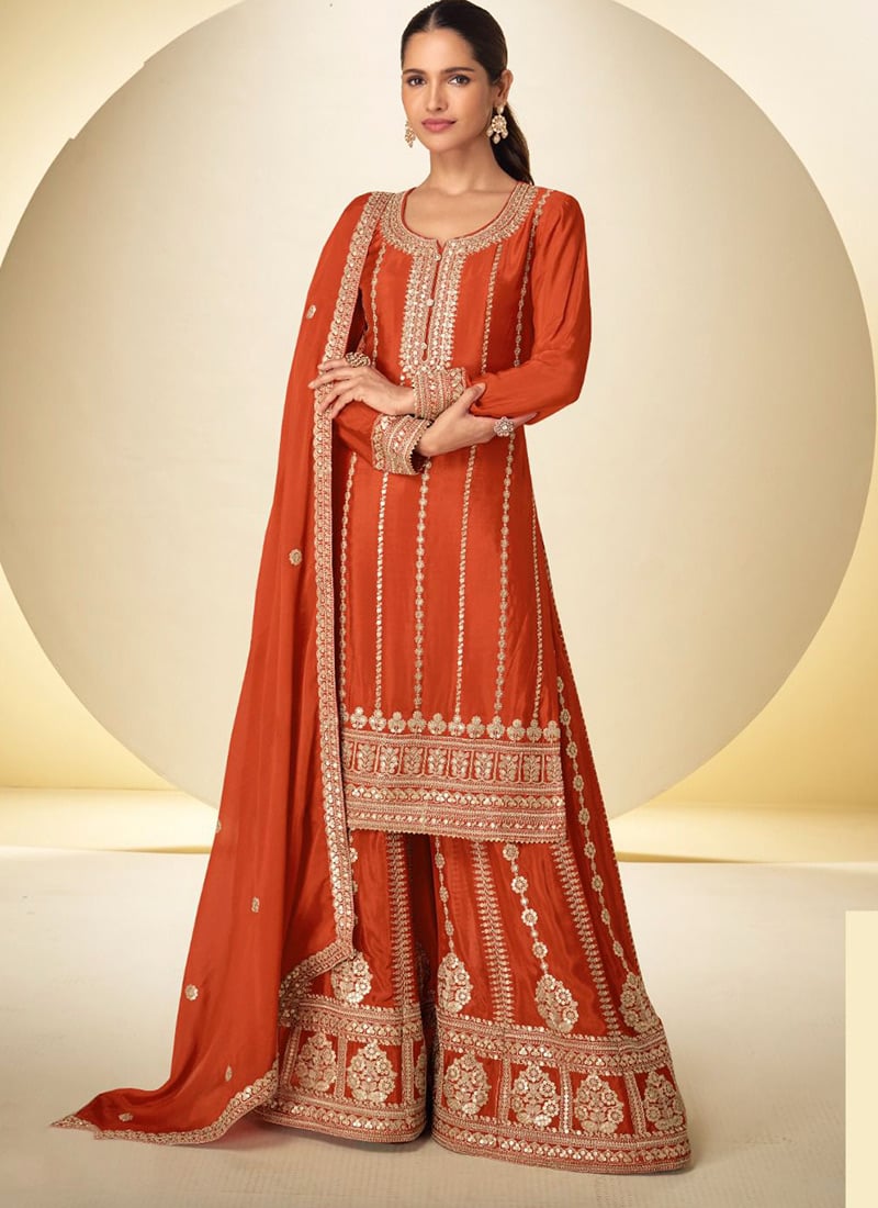 Orange Chinon Embroidered Sequins Palazzo Suit Festive Wear