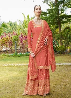Orange Chinon Embroidered Sequins Sharara Suit