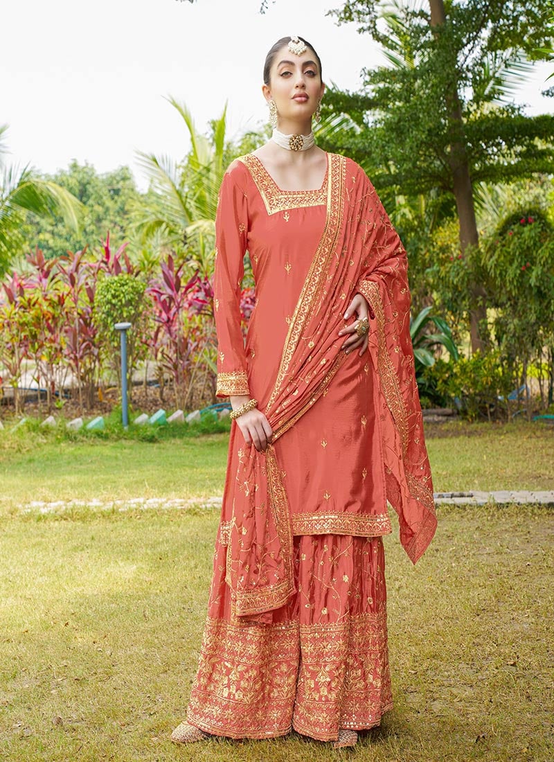 Orange Chinon Embroidered Sequins Sharara Suit Festive Wear