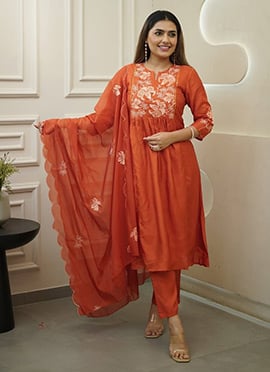 Orange Chinon Embroidered Sequins Straight Pant Suit