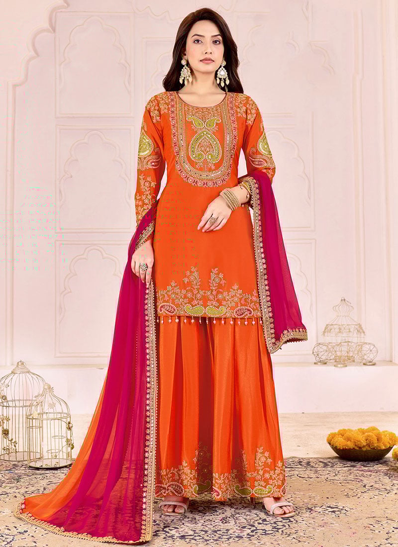Orange Chinon Embroidered Sequins With Beads Work Sharara Suit