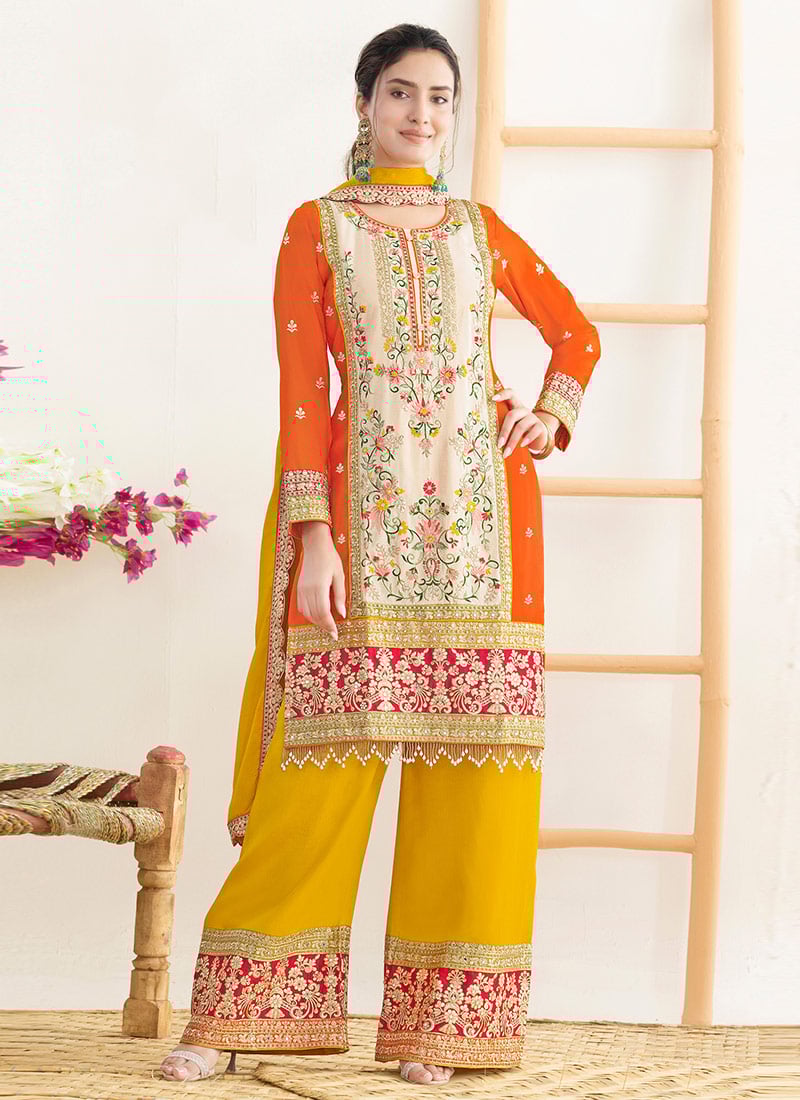 Orange Chinon Embroidered Sequins With Mirror Work Palazzo Suit Festive Wear