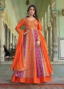 Orange Chinon Embroidered With Stone Work Anarkali Lehenga