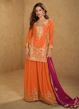 Orange Chinon Mirror Work Sequins And Embroidered Palazzo Suit