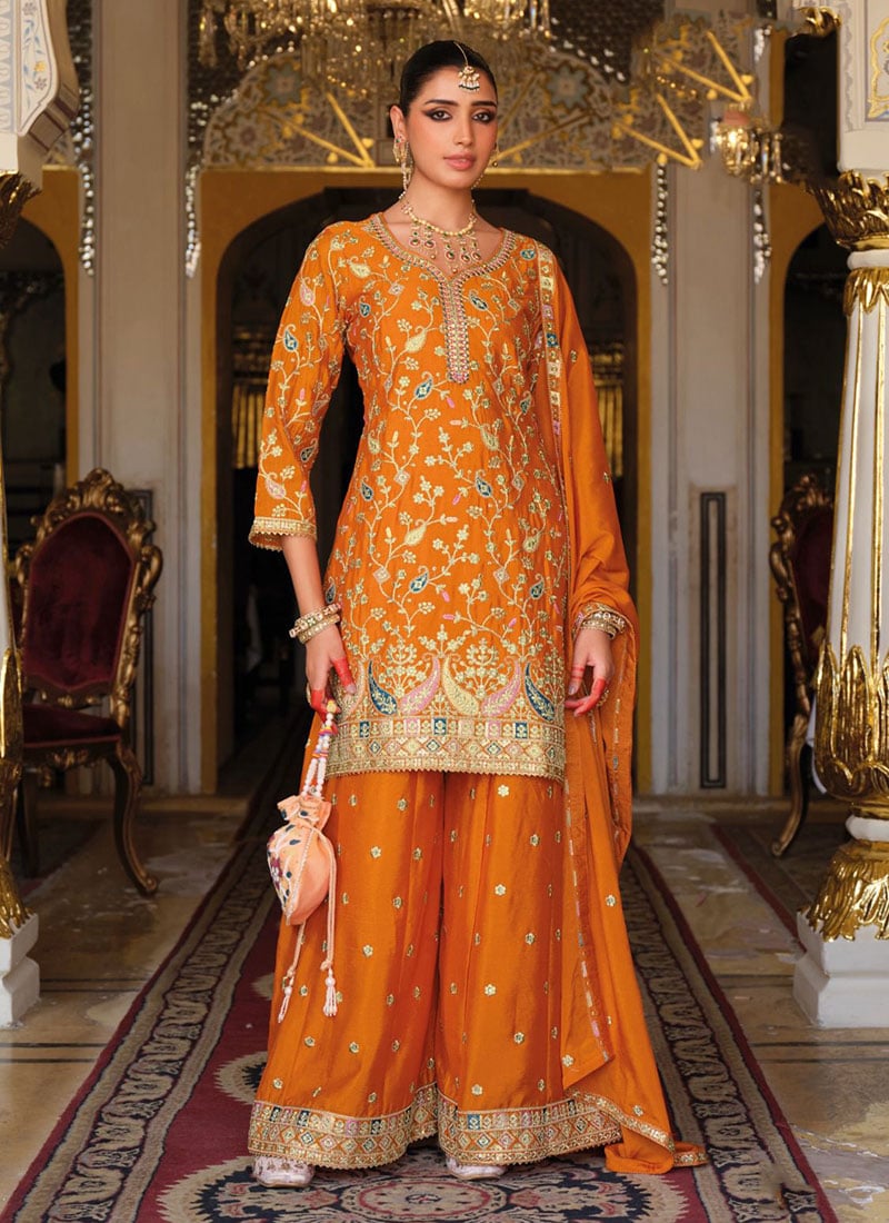 Orange Chinon Palazzo Suit With Embroidery Sequins Stone Work Festive Wear