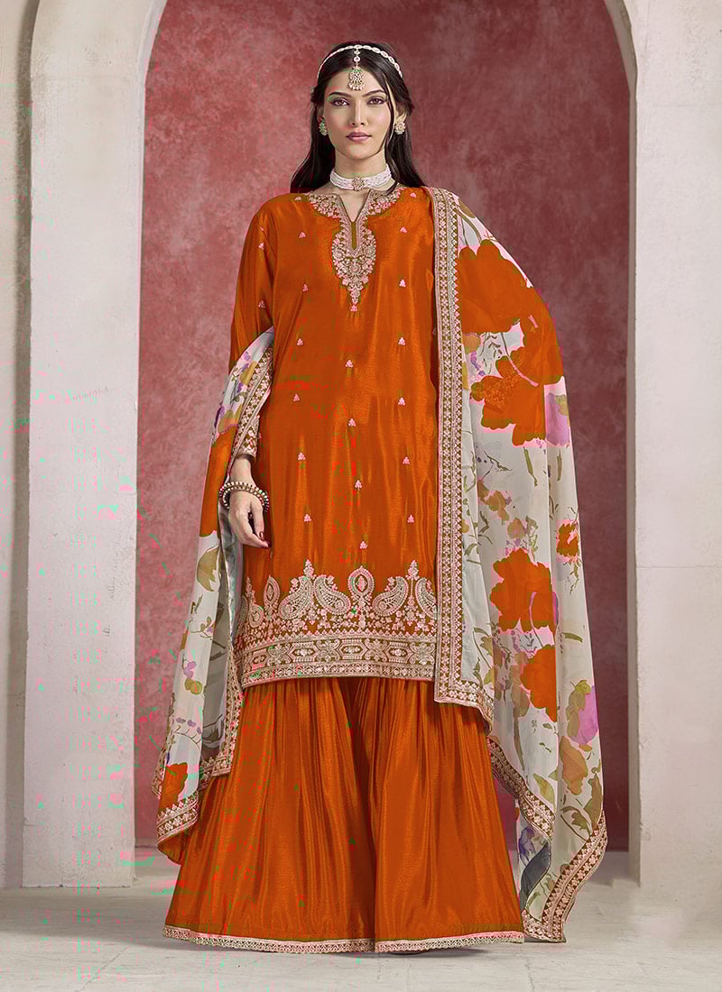 Orange Chinon Silk  Zari Embroidered Sequins Sharara Suit With Printed Dupatta