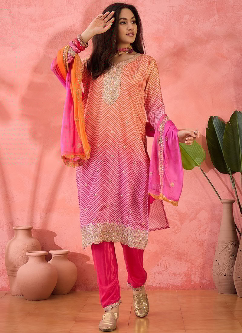 Orange Chinon Silk Bandhani Print Embroidered Sequins Straight Pant Suit