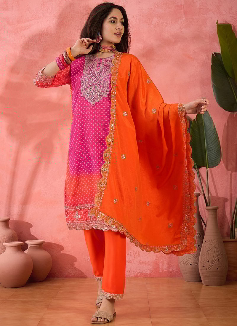 Orange Chinon Silk Bandhani Print Embroidered Sequins Straight Pant Suit