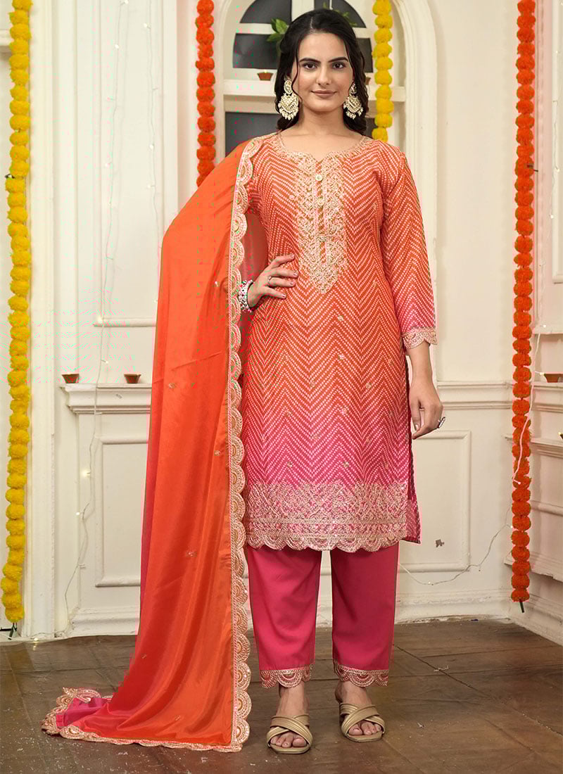 Orange Chinon Silk Bandini Print Embroidered Sequins Straight Pant Suit Festive Wear