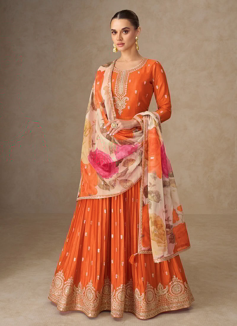 Orange Chinon Silk Digital Print With Zari Embroidered Sequins Anarkali Suit Festive Wear