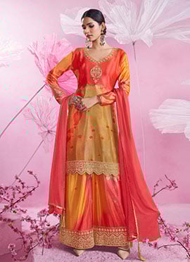 Orange Chinon Silk Digital Print With Zari Embroidered Sequins Palazzo Suit