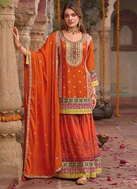 Orange Chinon Silk Embroidered Sequins Mirror Work Digital Print Sharara Suit