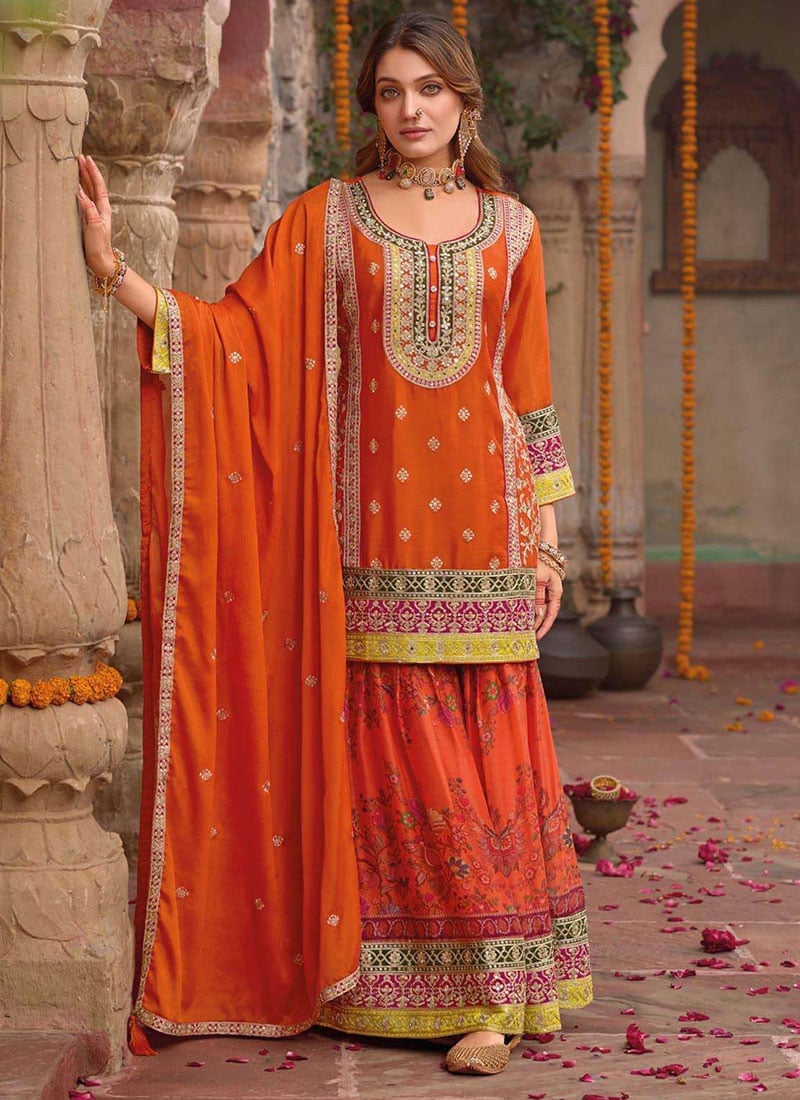 Orange Chinon Silk Embroidered Sequins Mirror Work Digital Print Sharara Suit Festive Wear