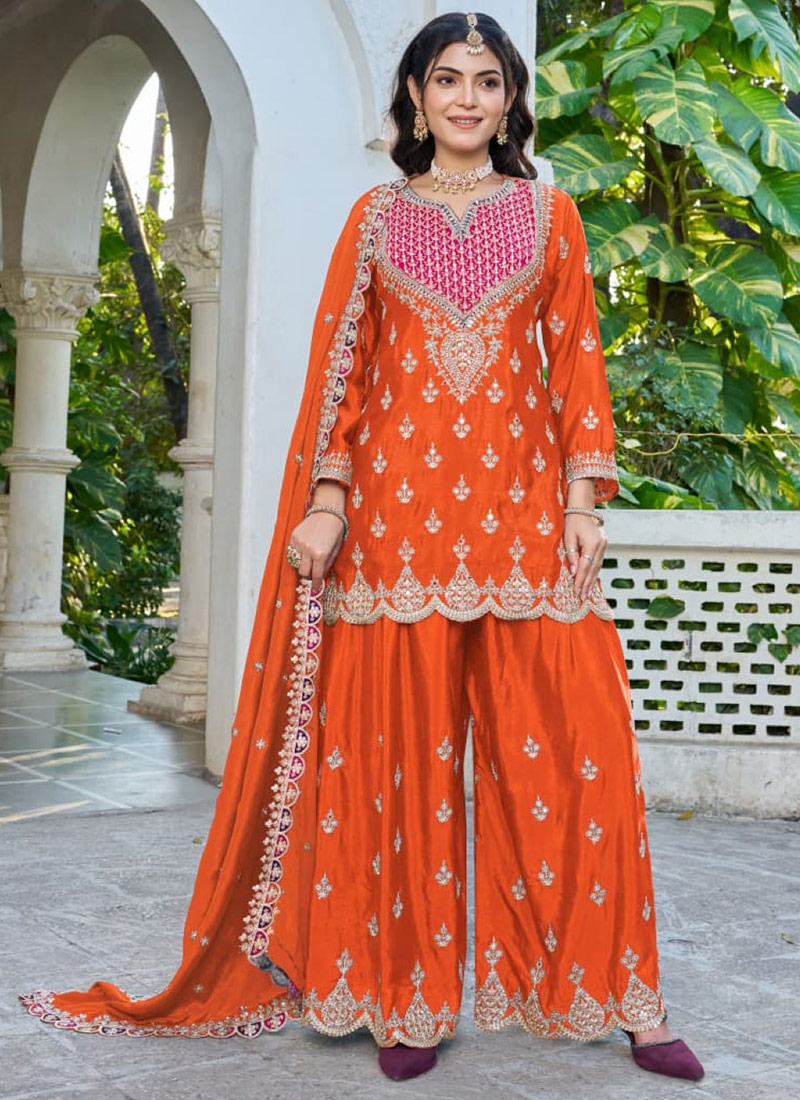 Orange Chinon Silk Embroidered Sequins Palazzo Suit Festive Wear