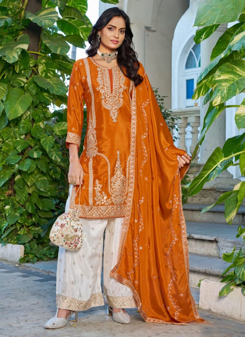 Orange Chinon Silk Embroidered Sequins Palazzo Suit Festive Wear
