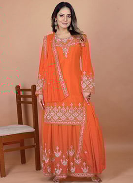 Orange Chinon Silk Embroidered Sequins Palazzo Suit