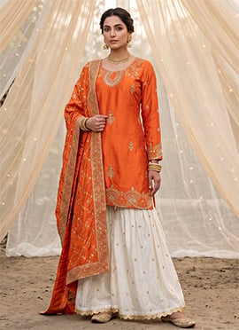 Orange Chinon Silk Embroidered Sequins Palazzo Suit