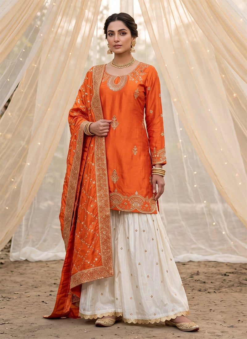 Orange Chinon Silk Embroidered Sequins Palazzo Suit Festive Wear