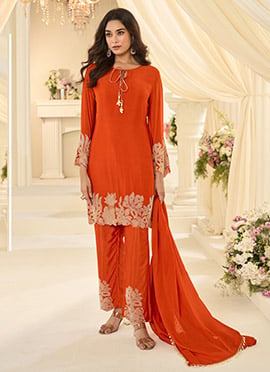 Orange Chinon Silk Embroidered Sequins With Beads Straight Pant Suit